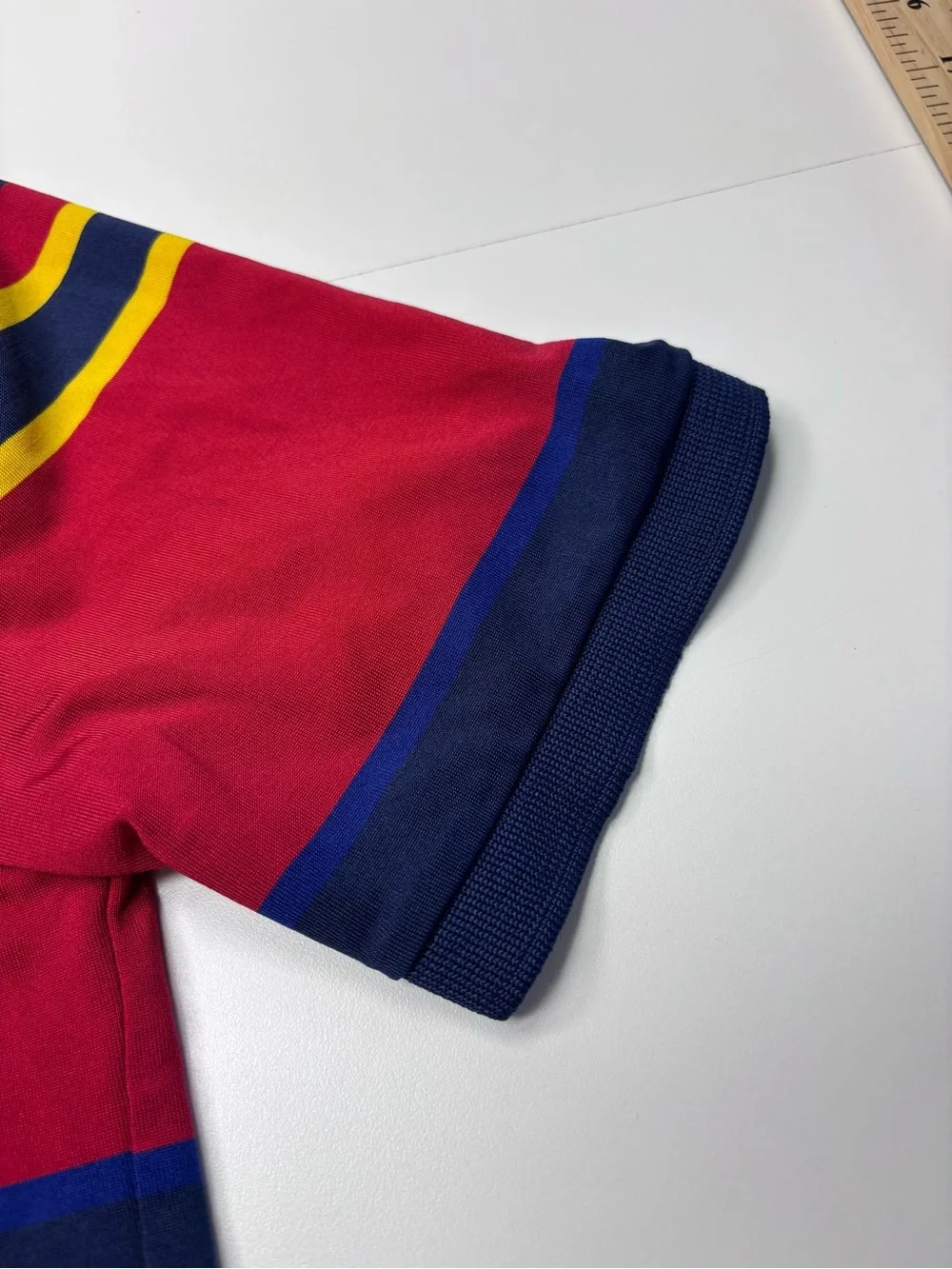 Ralph Lauren Navy, Red, Gray & Yellow Striped Polo EUC  Child Size L